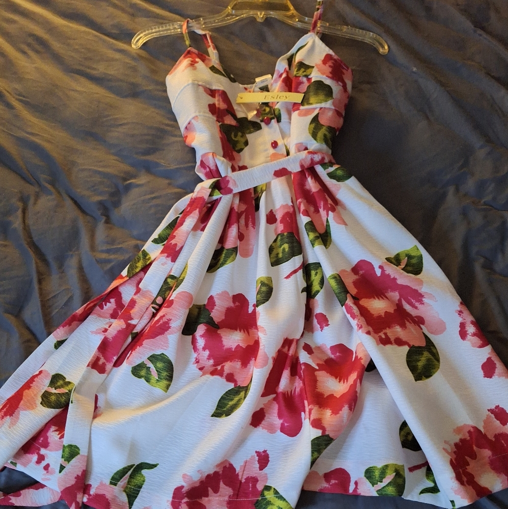 Esley White Midi Dress with Pink Floral Print